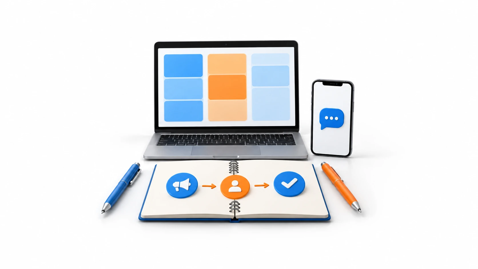 Illustration of a planning desk with campaign, enquiry, and follow-up tools