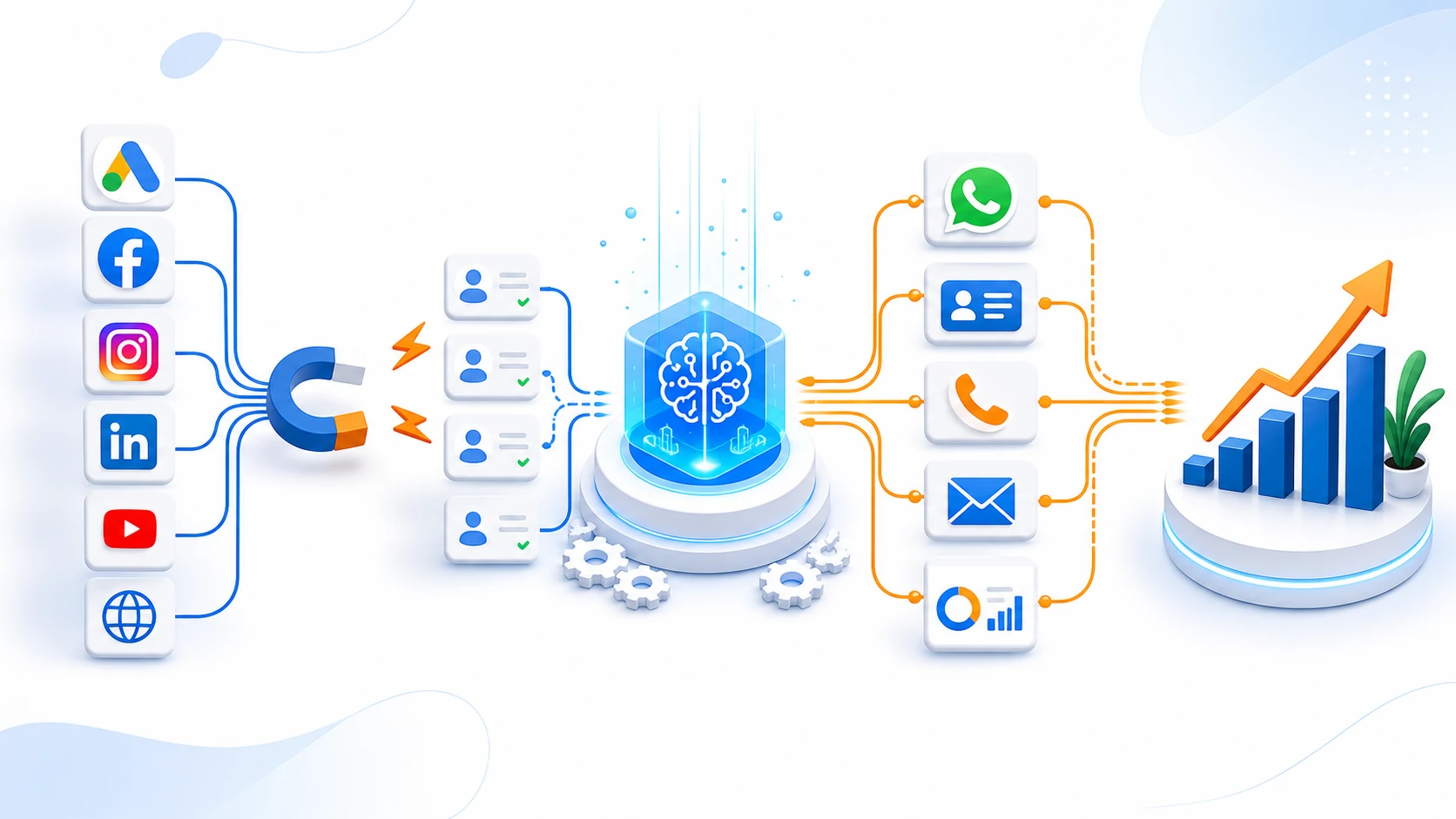 Marketing traffic flowing into AI automation, CRM follow-up, reporting, and business growth