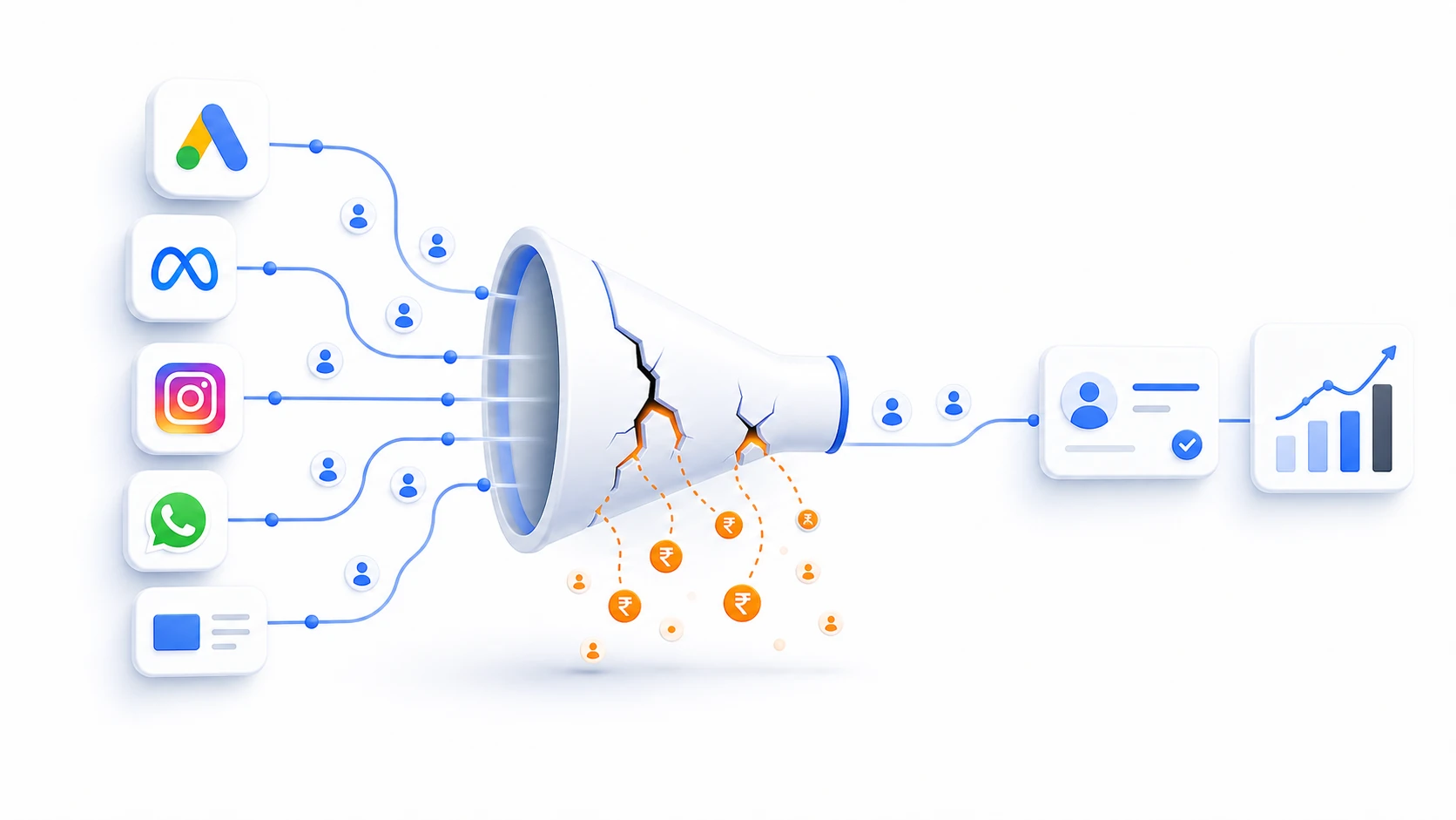 Marketing leads entering a cracked funnel with wasted spend leaking out